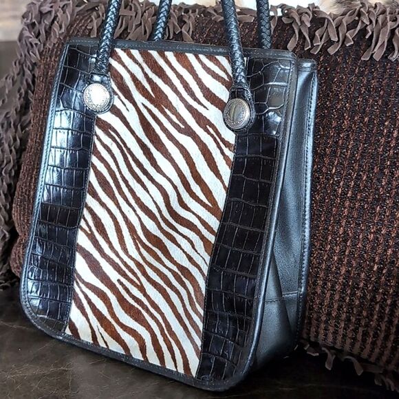 Vintage Brighten Hair on Hide Zebra and Croc Print with Silver Grommets Tote Bag - Picture 2 of 13